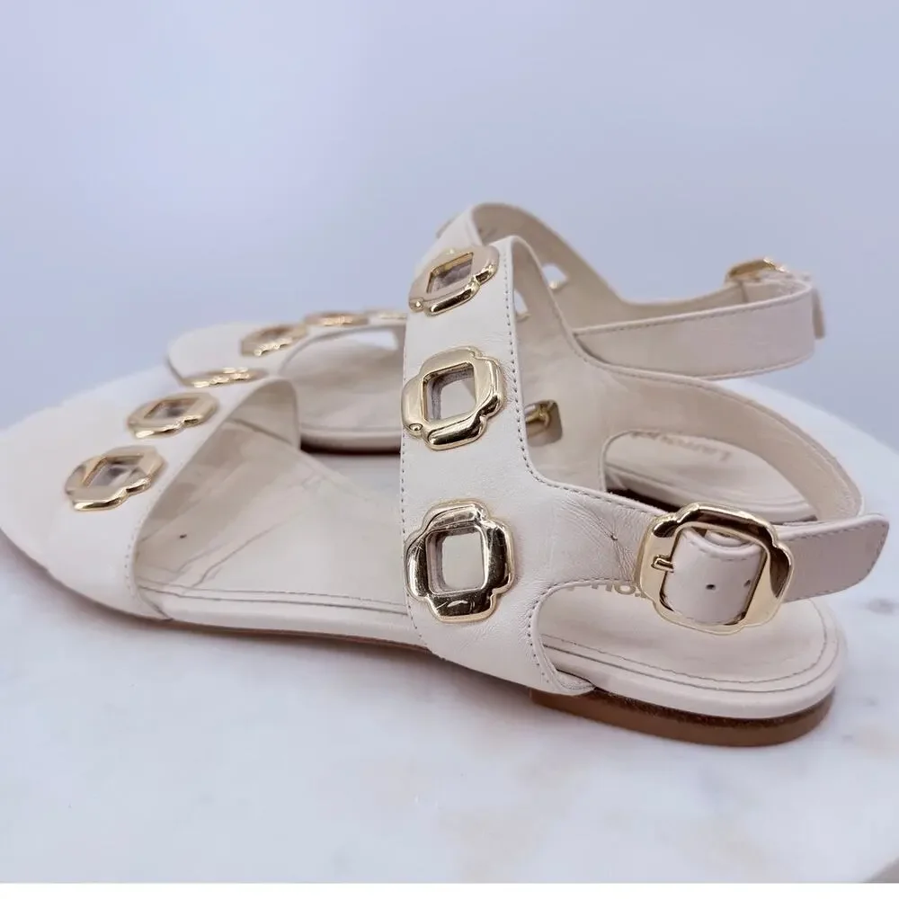 Larroudé Milan Flat Sandal Ivory Leather Gold Chain Size 8.5